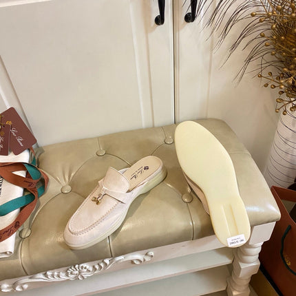 26S LOCK CHARM MULES IN BEIGE SUEDE GOLD HARDWARE