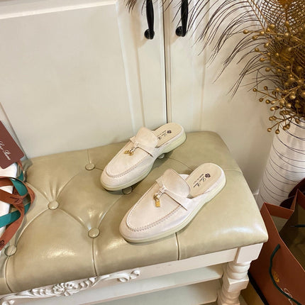 26S LOCK CHARM MULES IN BEIGE SUEDE GOLD HARDWARE