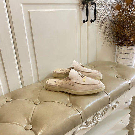 26S LOCK CHARM MULES IN BEIGE SUEDE GOLD HARDWARE