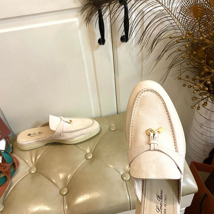 26S LOCK CHARM MULES IN BEIGE SUEDE GOLD HARDWARE