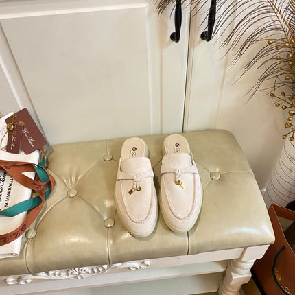 26S LOCK CHARM MULES IN BEIGE SUEDE GOLD HARDWARE